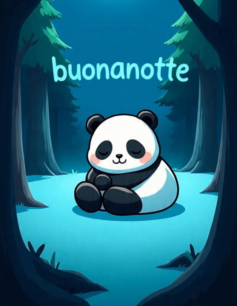Nel cuore della foresta, un dolce panda è seduto con calma. Sopra è scritto “buonanotte”.