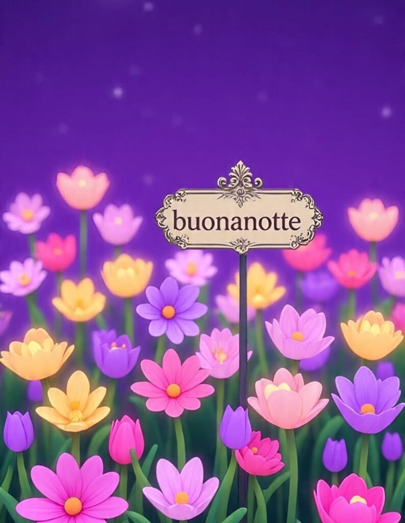 Un bellissimo campo di tulipani e altri fiori dai colori vivaci su uno sfondo viola, con un cartello che dice “buonanotte