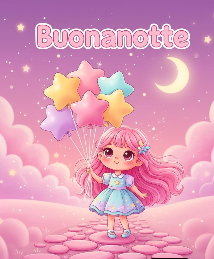 Una ragazza con palloncini di stelle sale sulla luna con scritto buonanotte