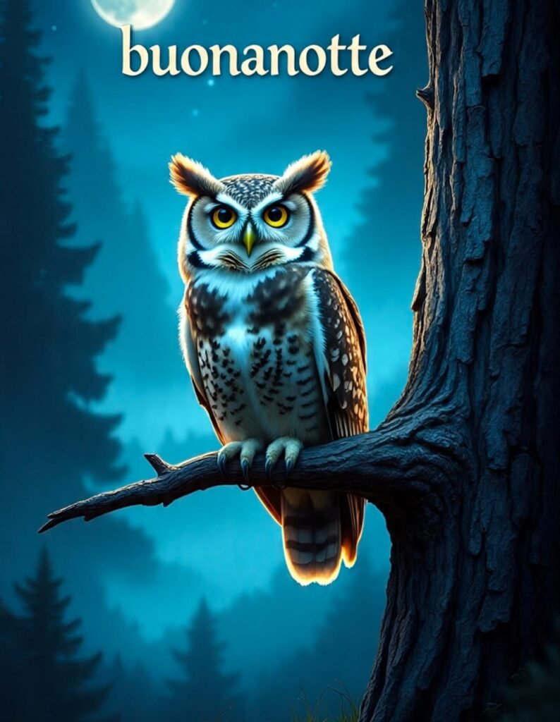 Un gufo è seduto su un ramo di un albero nella foresta notturna. Sopra è scritto “buonanotte”.