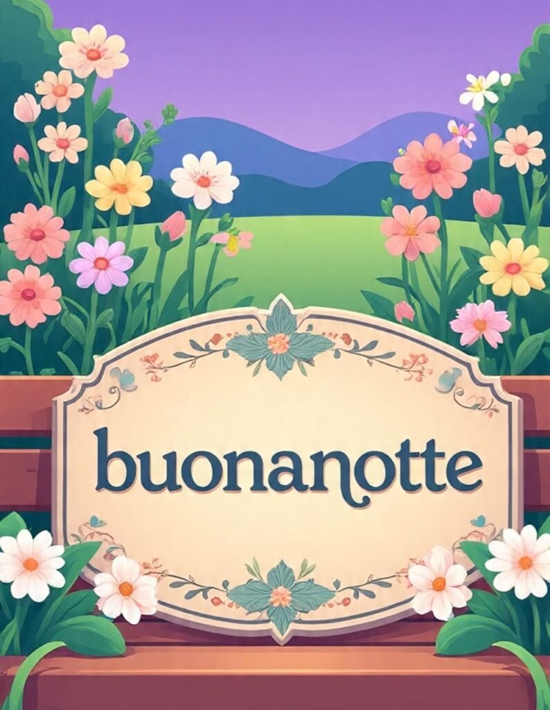 Una scena di parco circondata da fiori colorati, con la scritta “buonanotte” incisa sulla panchina
