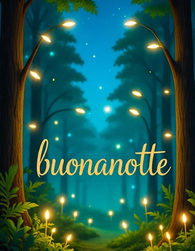 Una scena di foresta magica con luci brillanti sugli alberi e a terra. È scritto anche “buonanotte”.