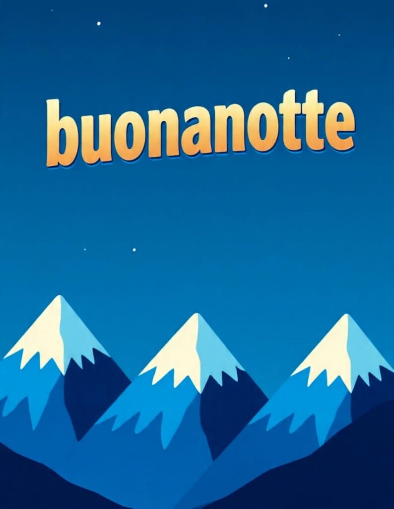 Tre montagne innevate e un cielo blu sopra. In alto è scritto buonanotte
