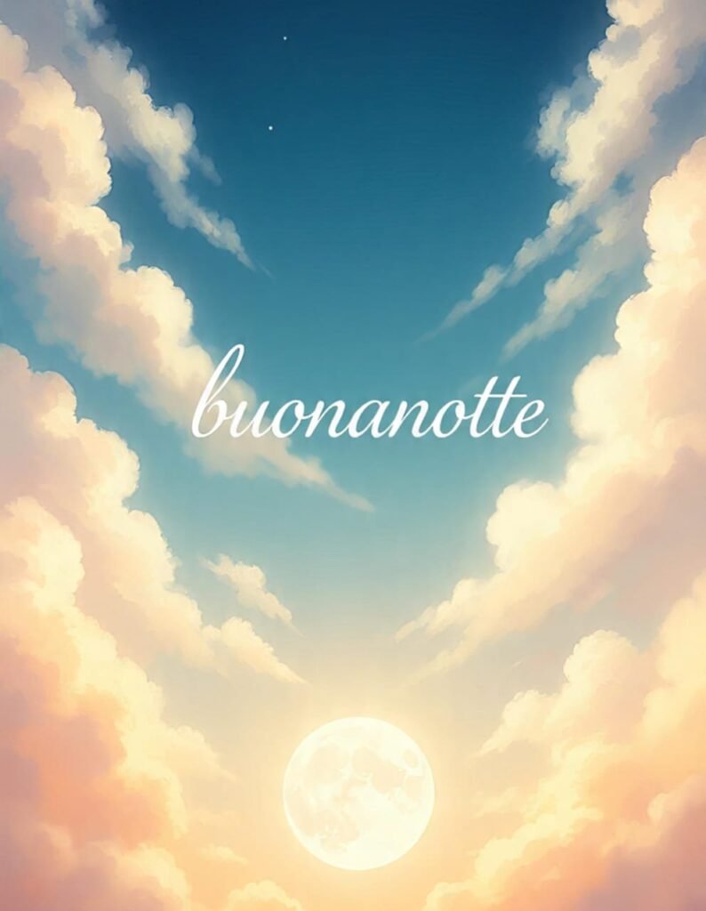 Tra le nuvole illuminate come dalla luce del sole, brilla la luna piena. In alto buonanotte è scritto in caratteri curvi.