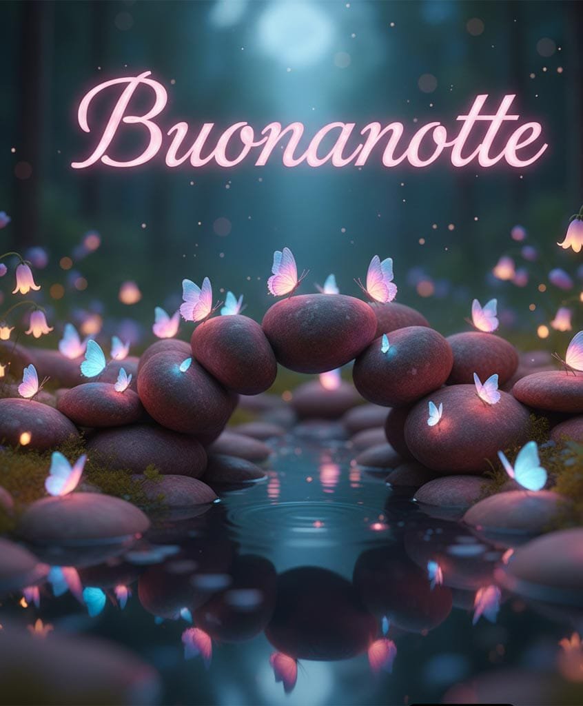 Nella foresta con belle pietre rosa molte farfalle volano e in esse è scritto buonanotte