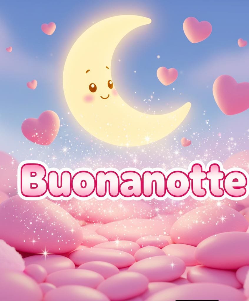 La luna sorride con cuori e messaggio di buonanotte