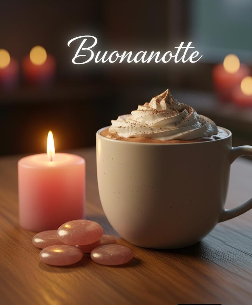 Una torta in una tazza con candela e perle rosa con scritto buonanotte
