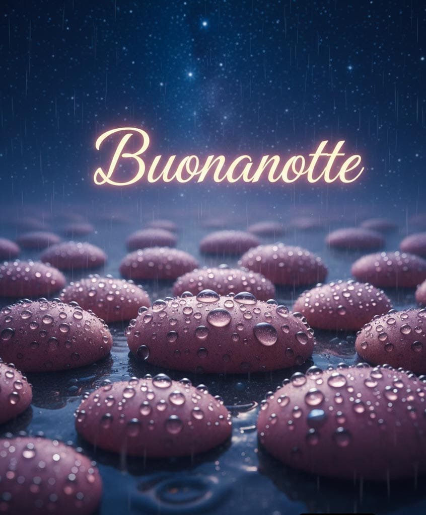 Pietre rosa sotto la pioggia con scritto buonanotte.