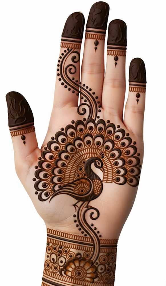 Front mehndi design with floral chain and leaves