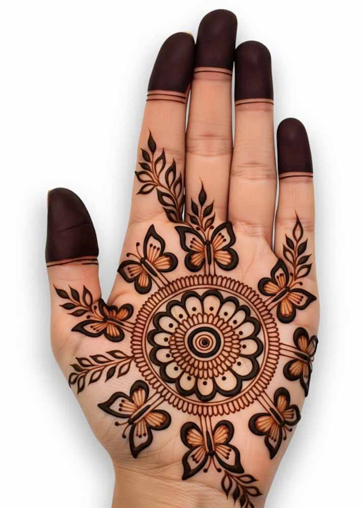 Modern front hand mehndi with leafy vines