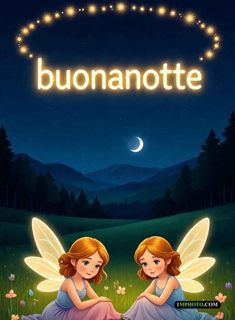 Due bellissime fate siedono tra i fiori sotto la luna piena della notte, con ali luminose. Sopra c’è scritto ‘Buonanotte