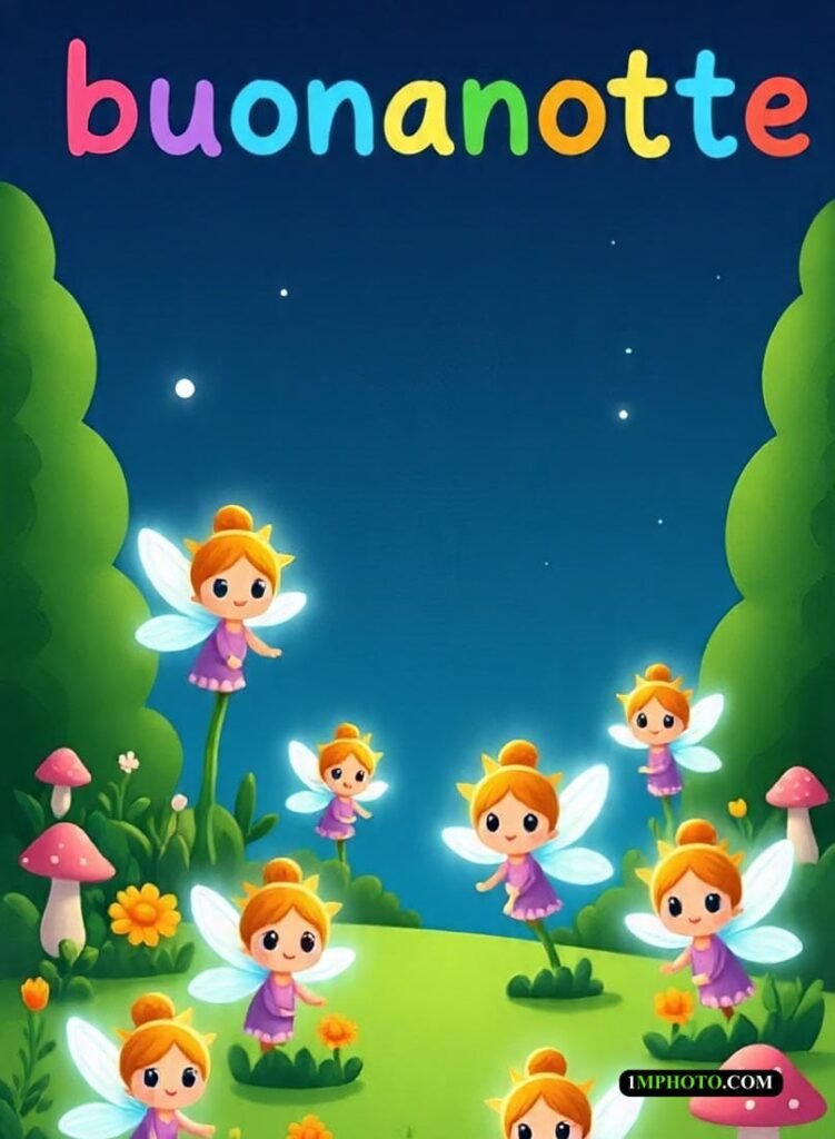 Una fata vola tra alberi verdi, piante e foresta sotto il cielo blu.