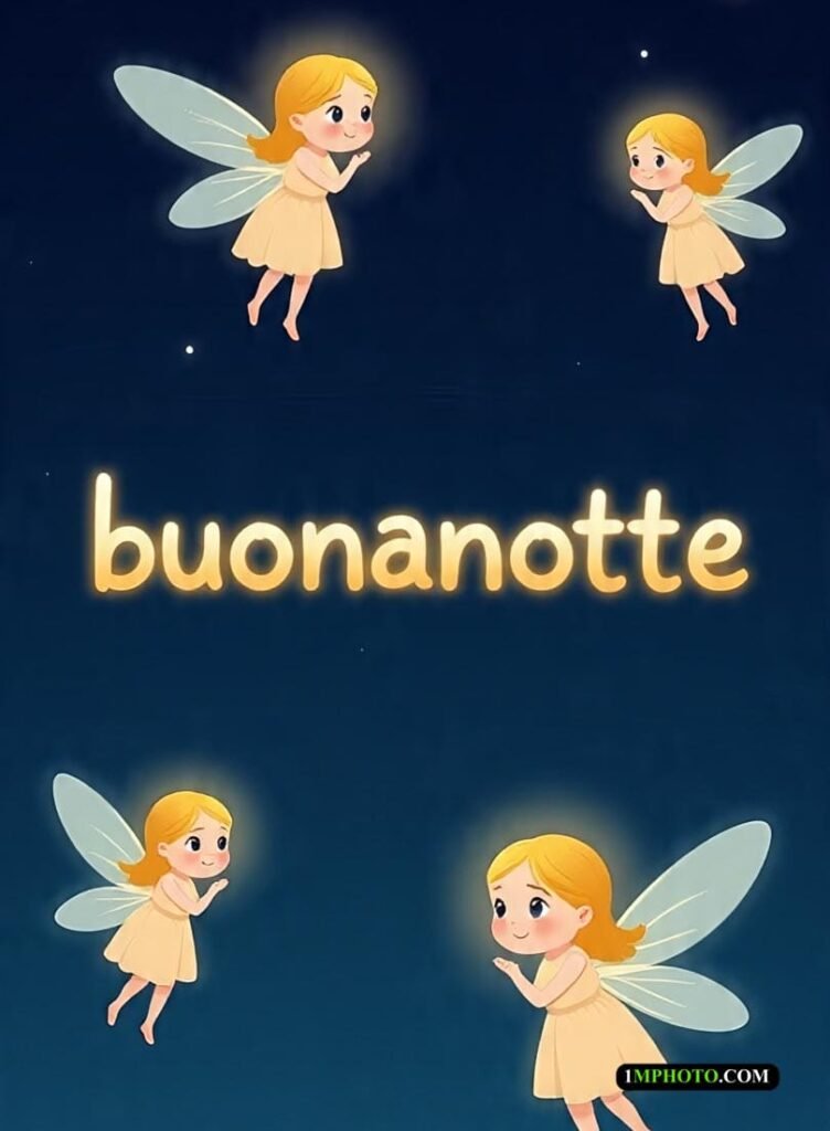 Due fate parlano e brillano nel bosco, con il testo “Buonanotte” sopra di loro