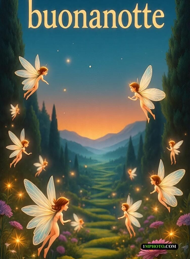 Tutte le fate volano insieme sopra le montagne e nello stesso momento appare il testo “Buonanotte