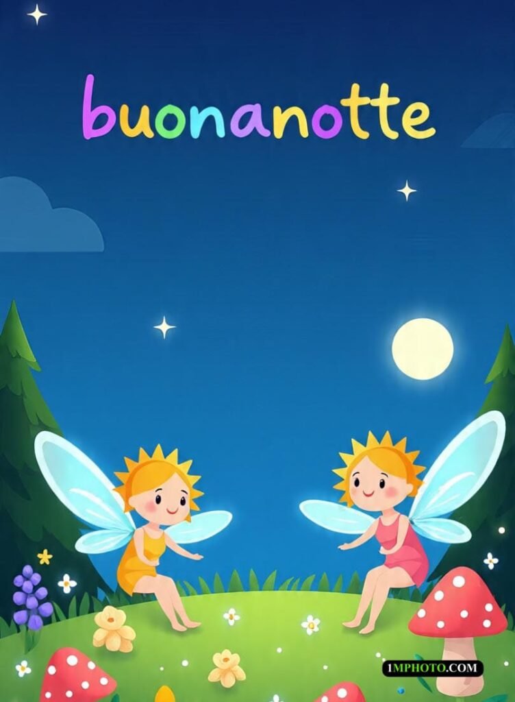 Cielo bello, nuvole e quattro fate che giocano con scritto Buonanotte