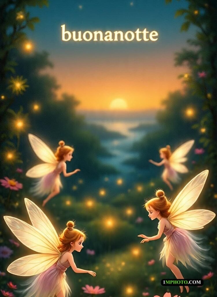 Una carina fata nel cielo, vicino alla luce della luna, dice Buonanotte