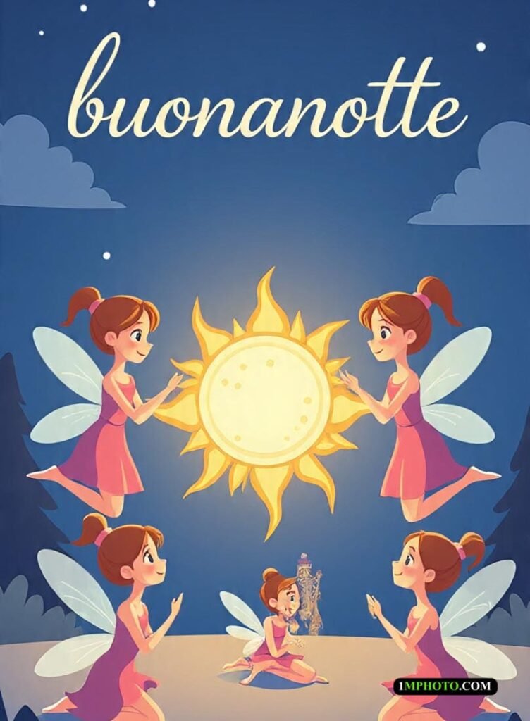 Cielo notturno con nuvole, sole e luna entrambi visibili, e testo “Buonanotte