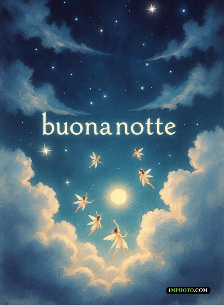 Due fate si tengono per mano, sfondo blu e foresta, con scritto Buonanotte