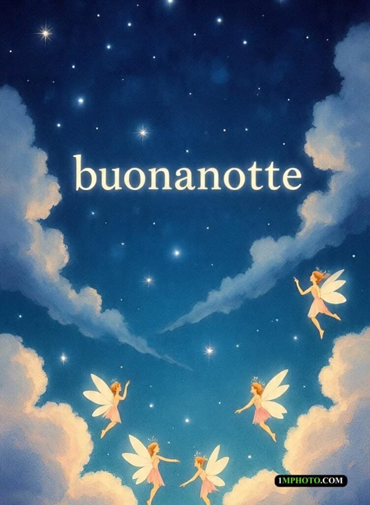 Cinque fate sedute tra i fiori con scritto “Buonanotte