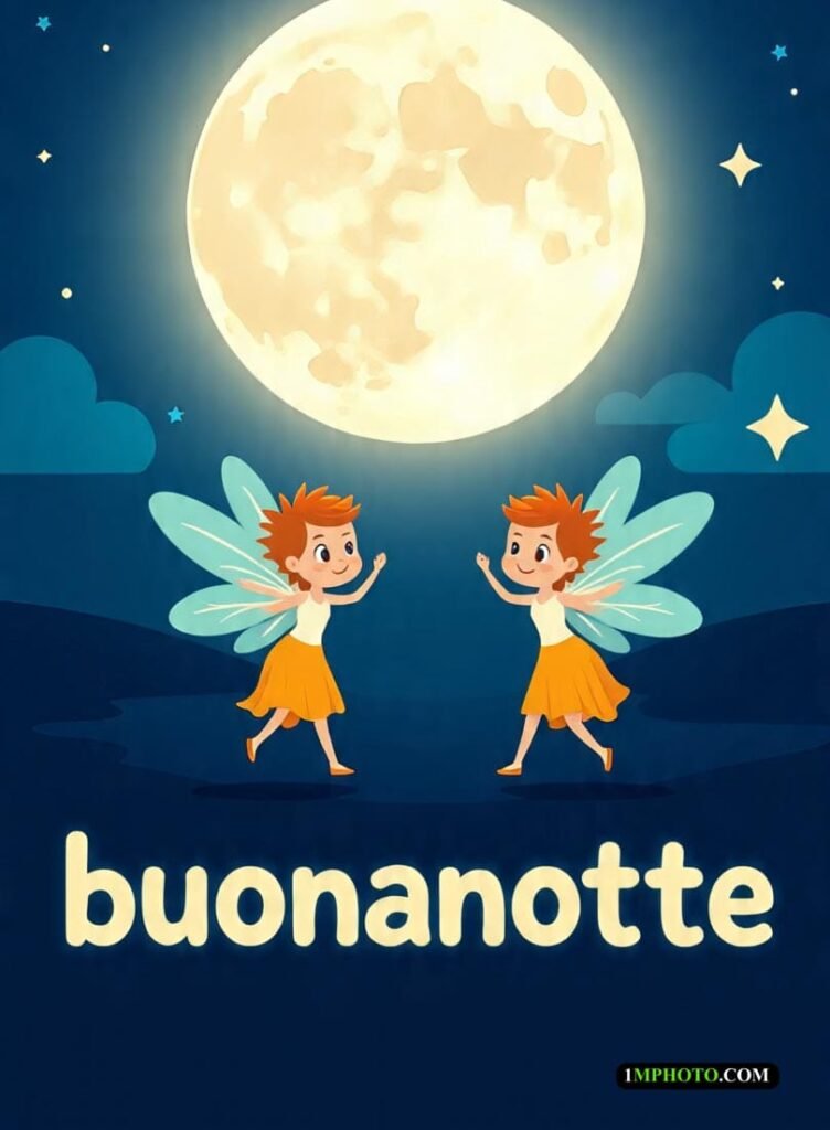 Due fate con sfondo blu, luna e due fate che giocano insieme con scritto Buonanotte