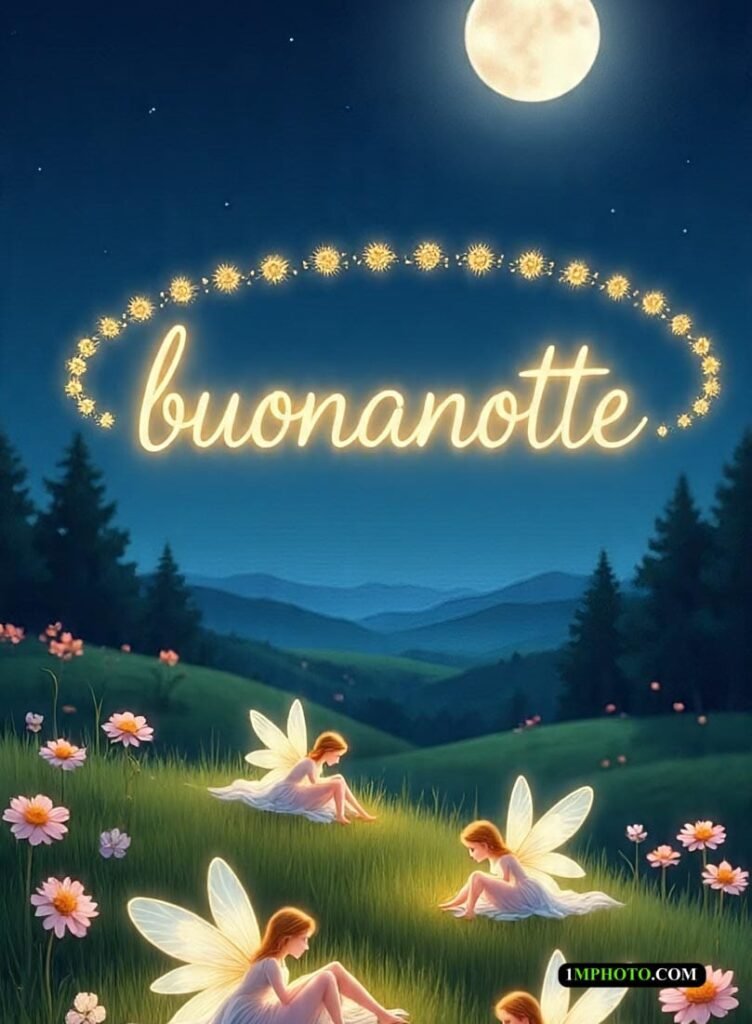 Due fate sono sedute tra fiori e verde brillante, e sopra c’è scritto “Buonanotte