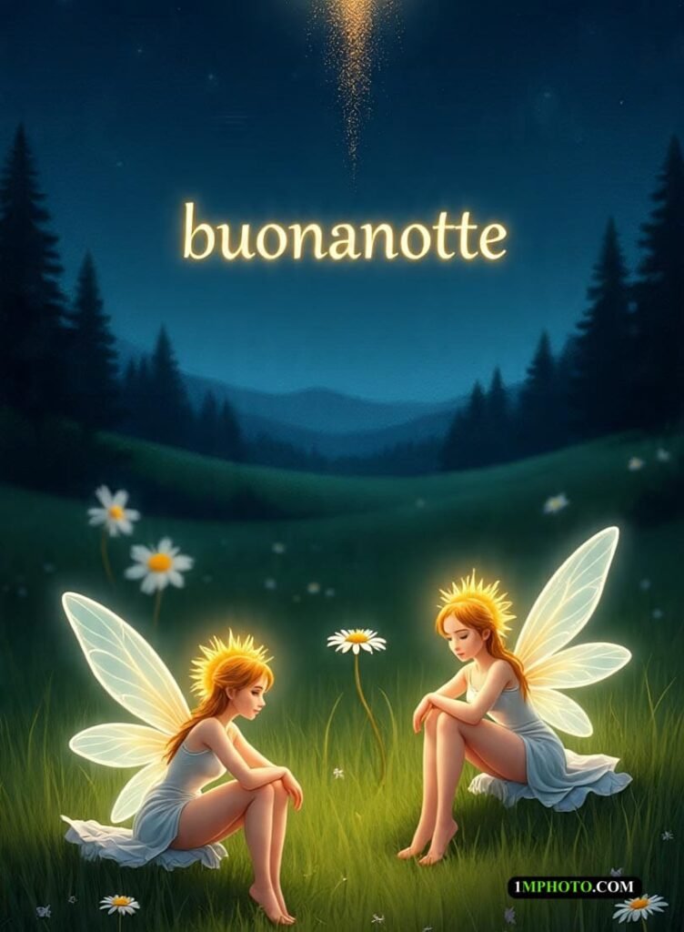 Quattro fate ridono toccando il sole splendente, e sopra è scritto “Buonanotte