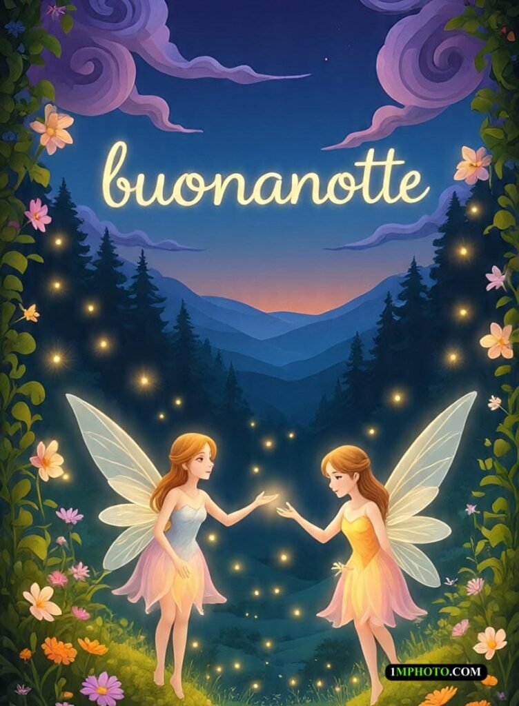 Due fate si tengono per mano sotto il cielo blu con montagne e cielo stellato, e sopra è scritto “Buonanotte