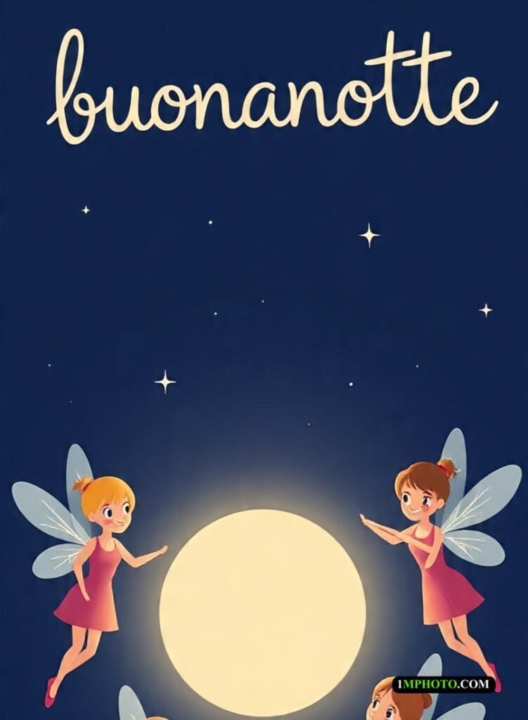 Fate volano nella luce della luna indossando vestiti rossi leggeri, toccando la luna, con scritto “Buonanotte” in alto.