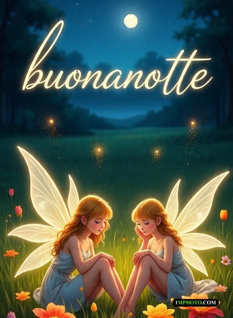 Sotto la luna piena, nel cuore della notte, due bellissime fate con ali scintillanti siedono tra i fiori. In alto c'è la scritta Buonanotte