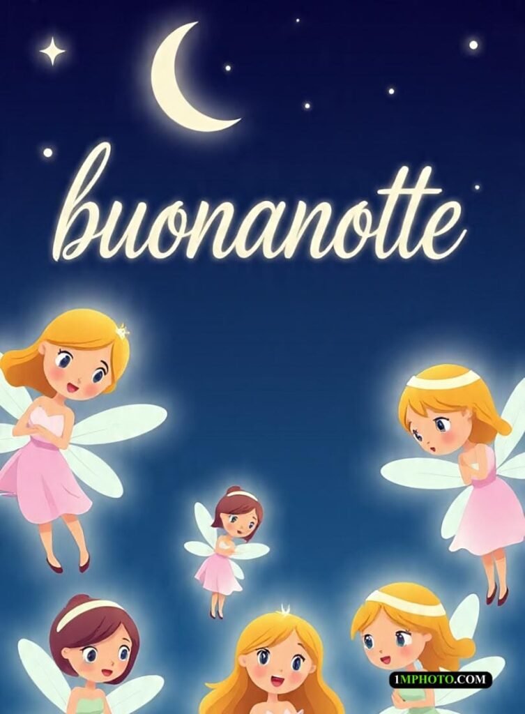 Sfondo giallo, luna sorridente con fate accanto e scritta Buonanotte