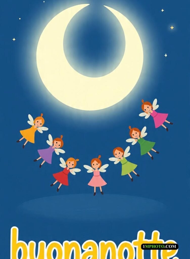 Fate con abiti colorati giocano sulla luna e sopra è scritto “Buonanotte