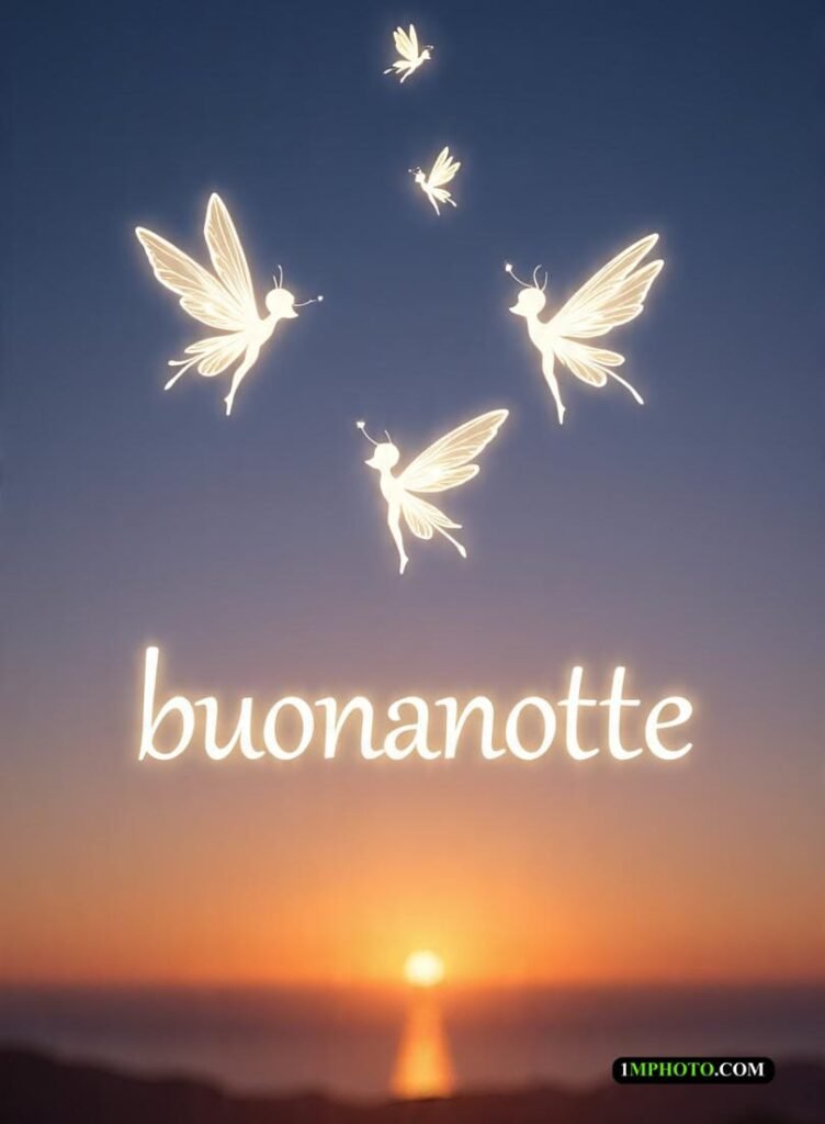 Al tramonto, piccole fate dalle ali scintillanti si librano nel cielo. In basso la scritta bianca buonanotte