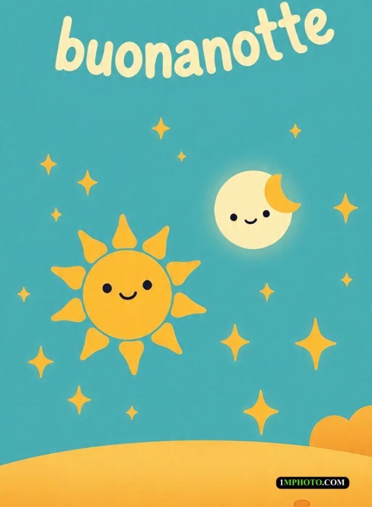 Sfondo blu, sole giallo sorridente che gioca con la luna, e nel testo c’è scritto “Buonanotte”