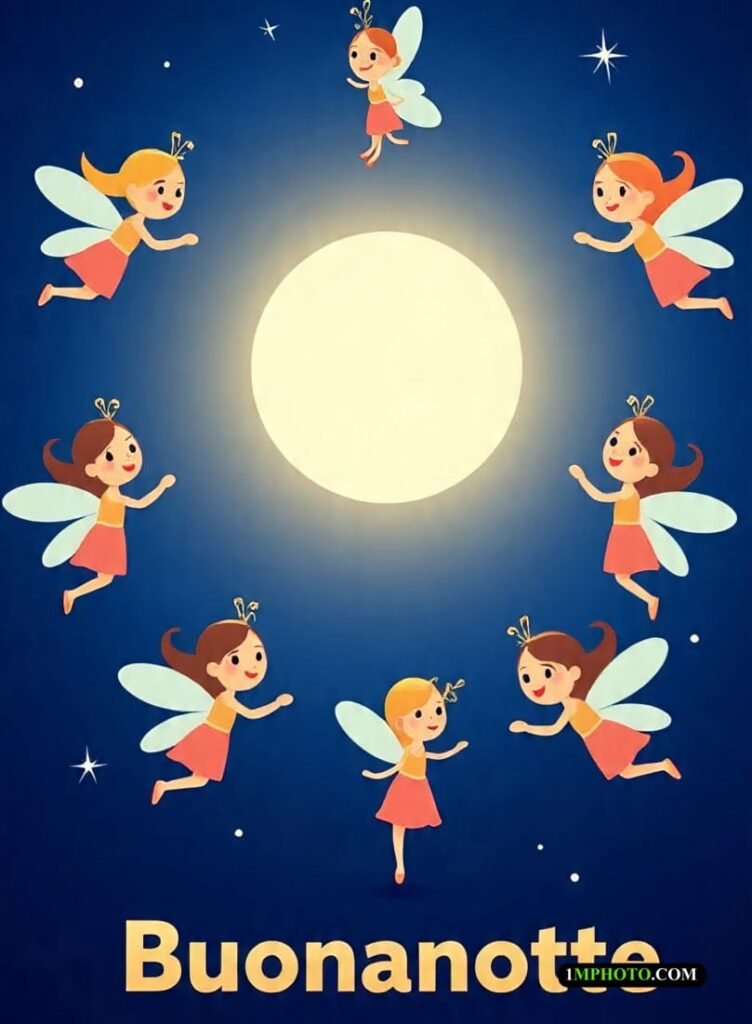 Quattro fate volano nel cielo notturno e al centro è scritto “Buonanotte