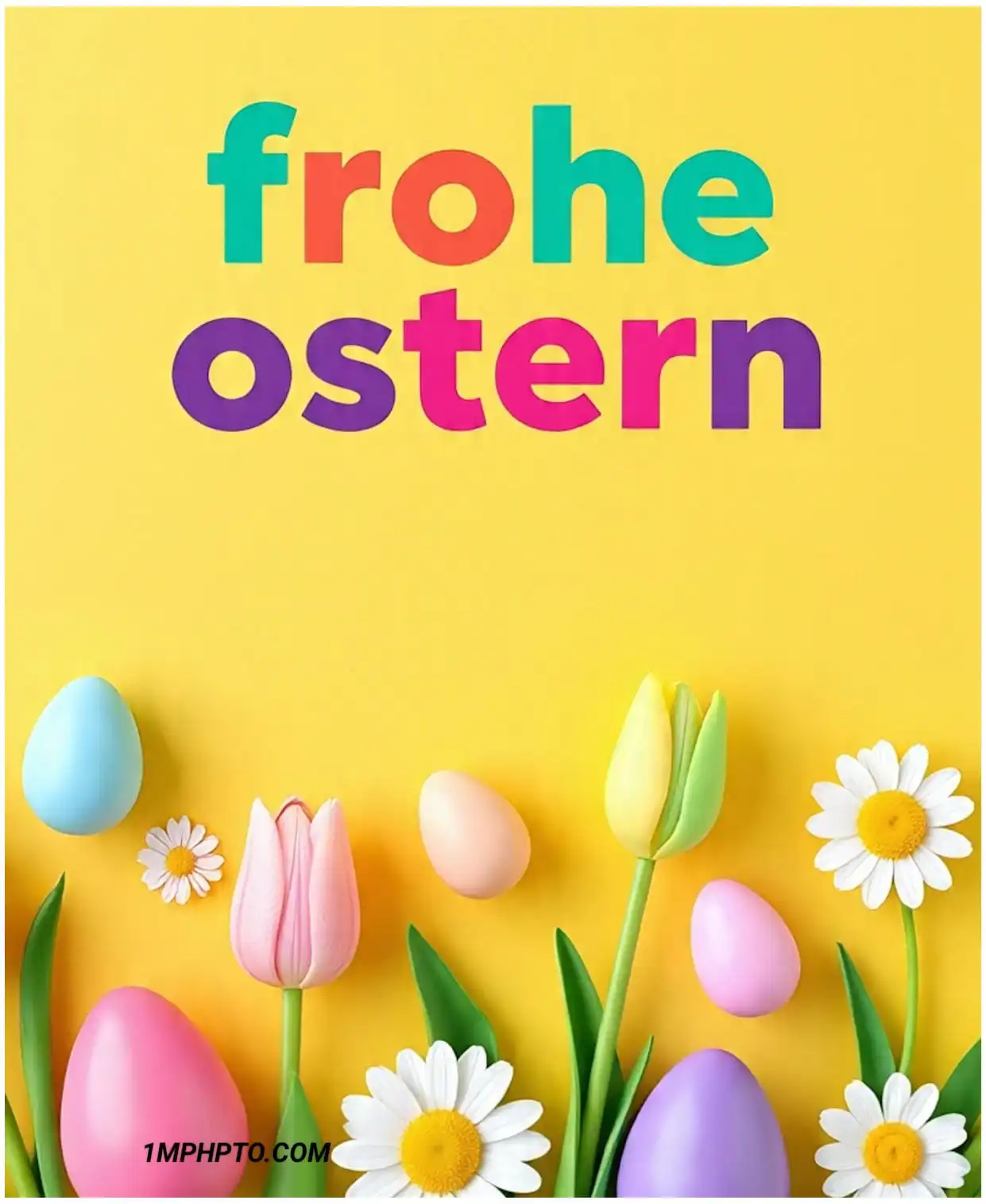 Auf dem Bilder steht Frohe Ostern und darunter ist ein Baum mit bunten Eiern vor einem gelben Hintergrund zu sehen