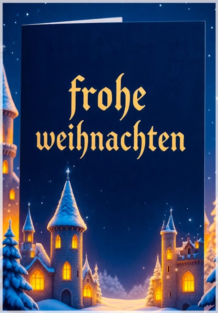 Eine dunkelblaue Karte mit einem kleinen, verschneiten Schlossmotiv und frohe weihnachten