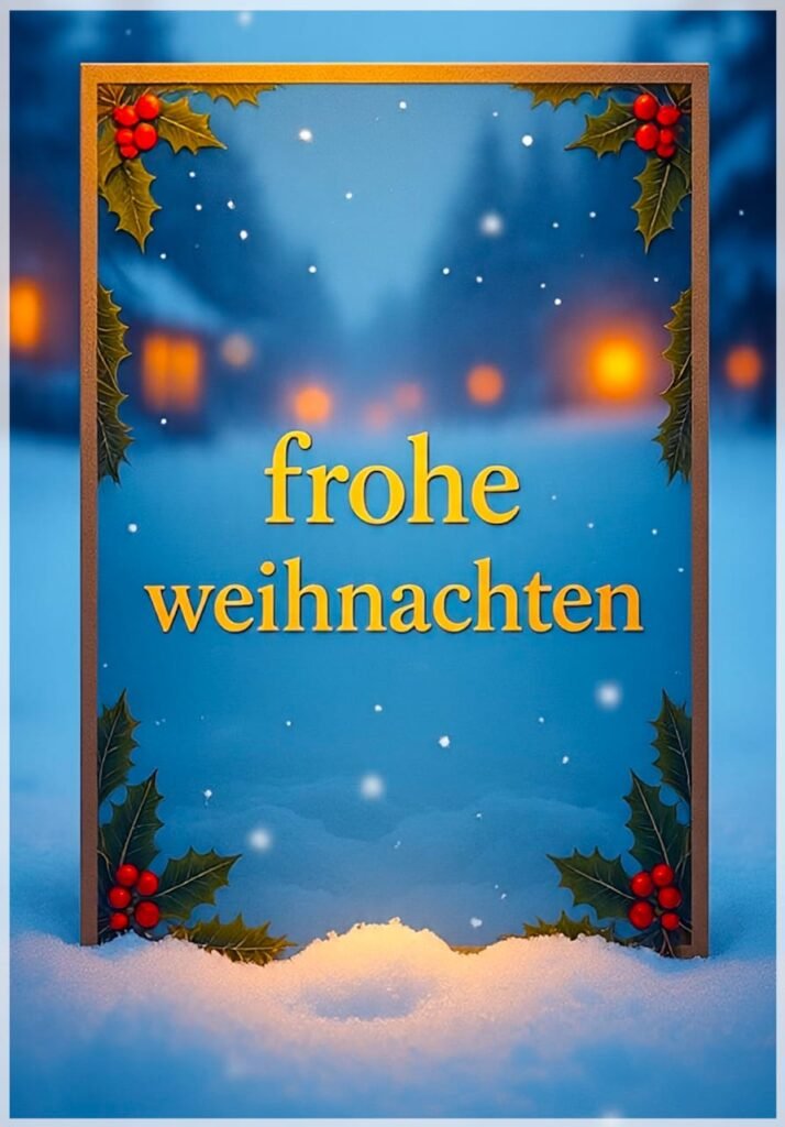 Eine blaue Karte mit einem Holzrahmen, Holly-Beeren und gelber Schrift im Schnee platziert