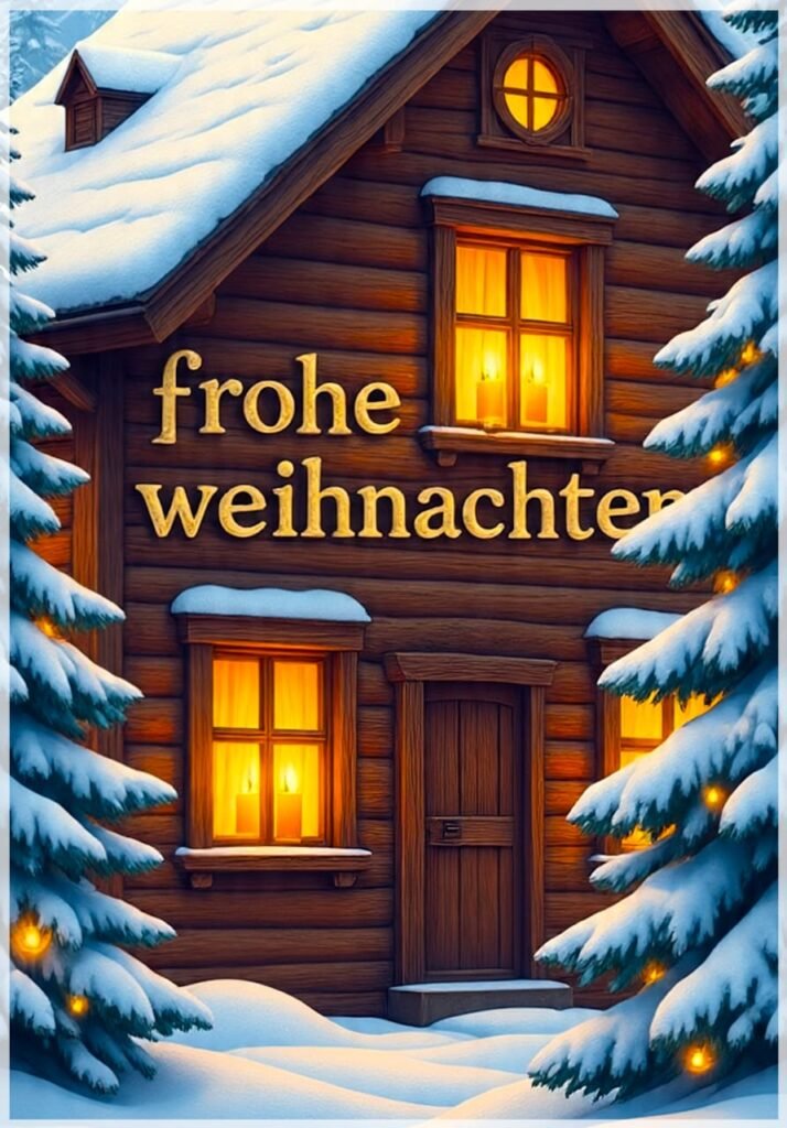 Ein gemütliches Blockhaus im Schnee mit Lichtern in den Fenstern und frohe weihnachten