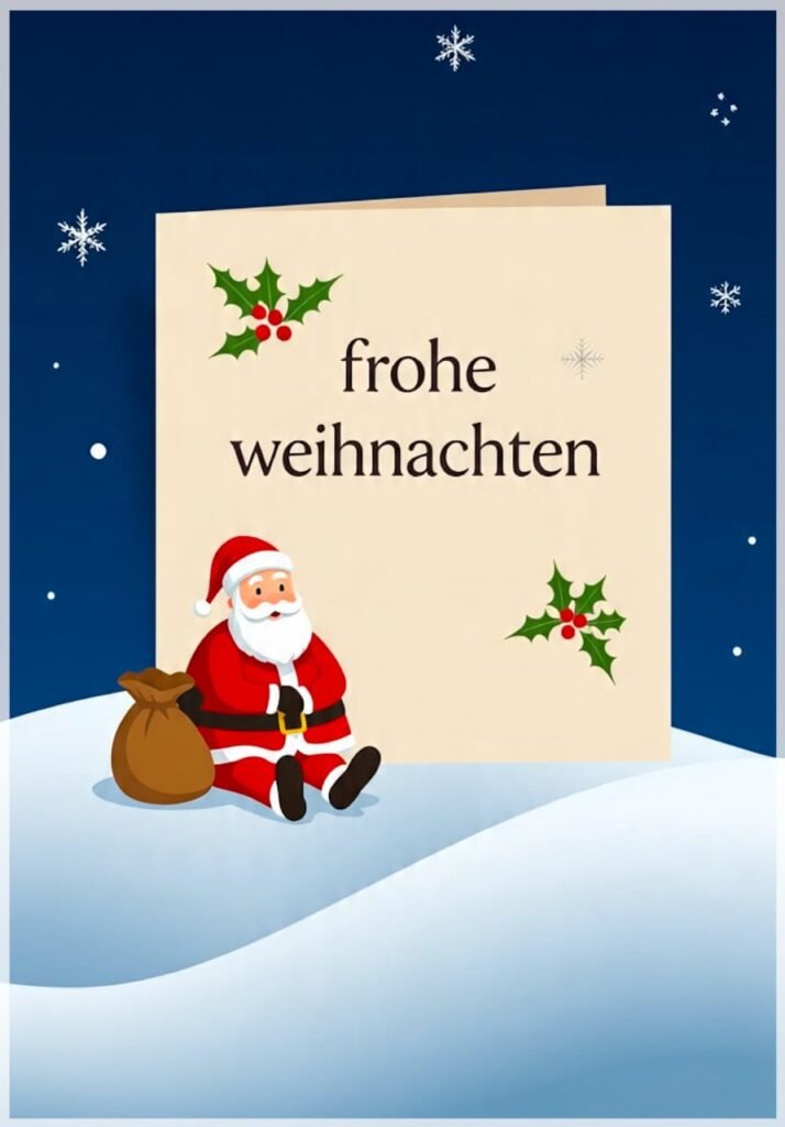 Ein Comic-Weihnachtsmann sitzt neben seinem Sack vor einem hellen Kartengruß mit Holly