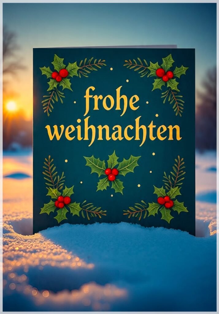 Eine tiefblaue Weihnachtskarte mit Holly-Motiven, die im Schnee in der Morgensonne steht
