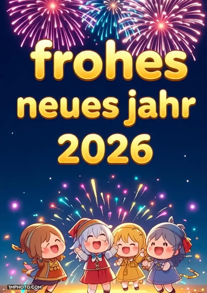 Unter dem bunten Feuerwerk stehen die Kinder glücklich Auf der Karte steht in goldenen Buchstaben Frohes Neues Jahr 2026