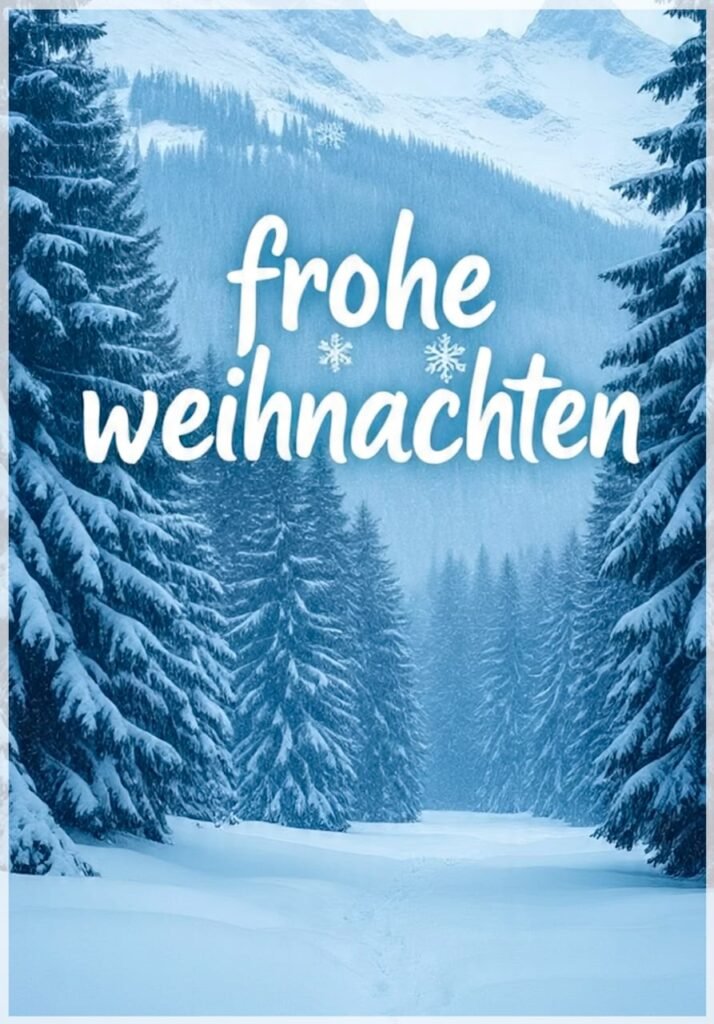 Eine verschneite, blaue Landschaft mit Tannenbäumen und weißer Schreibschrift