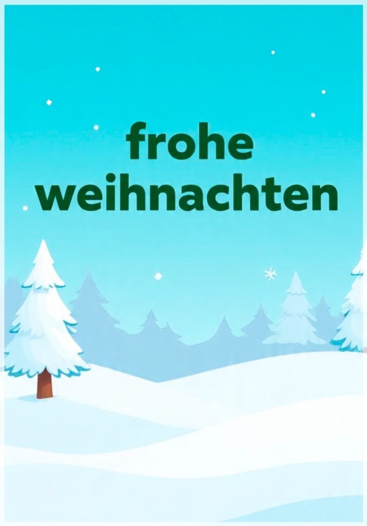 Eine helle, cartoonartige Illustration einer Winterlandschaft mit Tannenbäumen