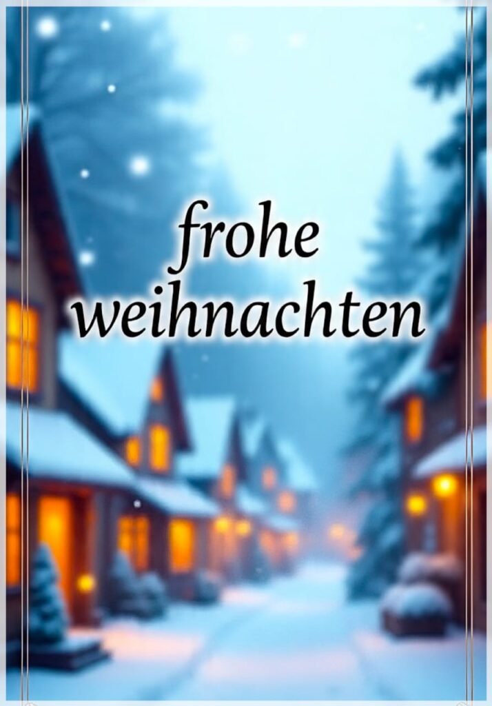 Eine verschneite, unscharfe Gasse mit warm beleuchteten Häusern, dazu "Frohe Weihnachten