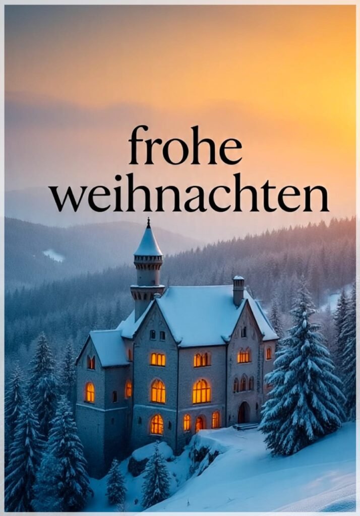 Ein verschneites Haus/Schloss in den Bergen bei Dämmerung, beleuchtet und mit Gruß