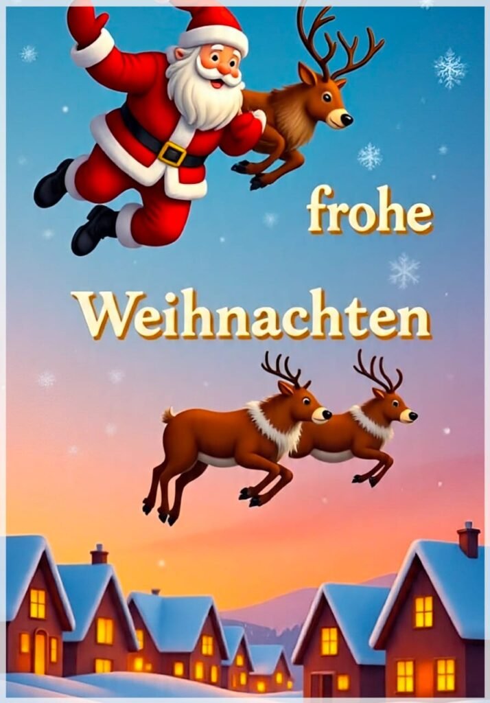 Eine Cartoon-Szene mit dem Weihnachtsmann und Rentieren über verschneiten Häusern