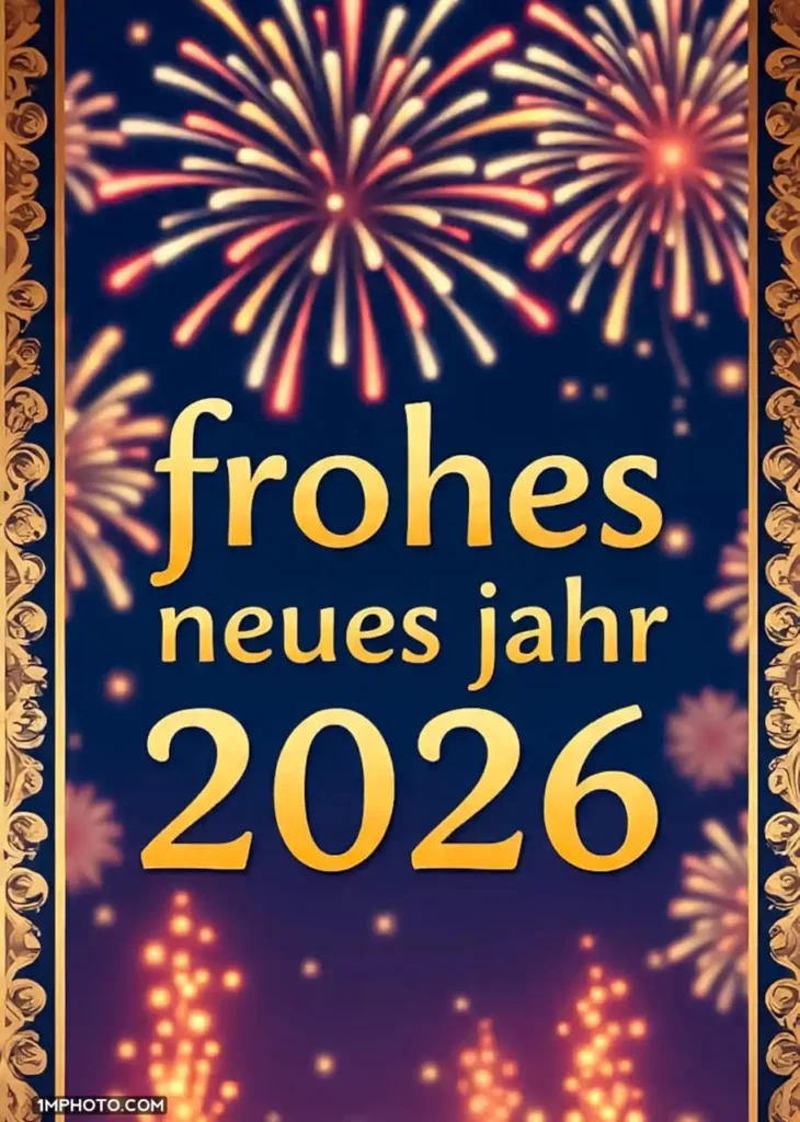 Fröhliches Neues Jahr 2026 Grußkarte mit Goldrand. Rotes und goldenes Feuerwerk am blauen Nachthimmel