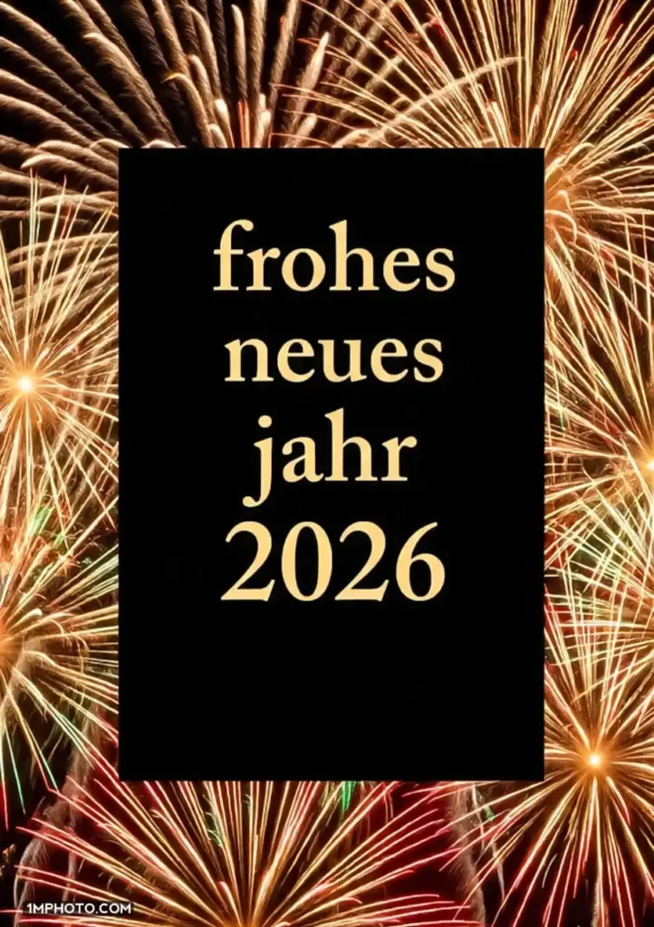 Eine schwarze Karte mit Neujahrswünschen für 2026, umgeben von einem Feuerwerkshintergrund. Auf der Karte steht in goldenen Buchstaben "frohes neues jahr 2026