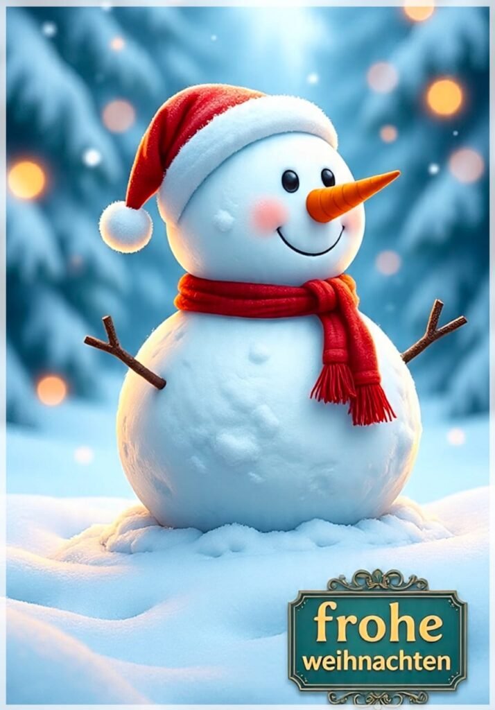 Ein süßer Schneemann mit rotem Schal und Mütze, dazu der Text "frohe weihnachten" in einem Schild