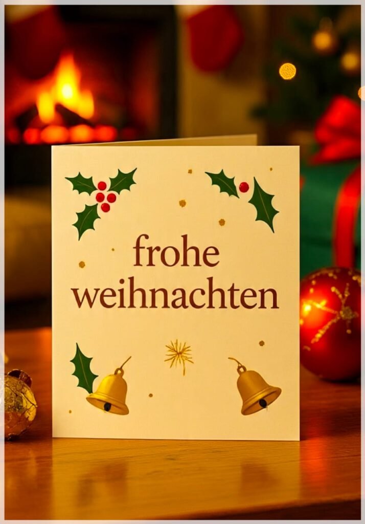 Eine Weihnachtskarte mit Holly und Glöckchen vor einem warmen Kaminfeuer